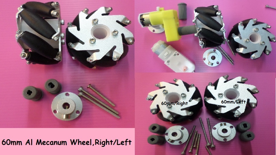 รหัส SWA007 ล้อโอมนิ แมคเคนั่ม Mecanum wheel ขนาดเส้นผ่าศูนย์กลาง 6cm. (60mm.) โครงสร้างอลูมิเนียม 2 ชั้น ฟรี!!บูชยึด 6mm. คลิกดูรายละเอียด>>